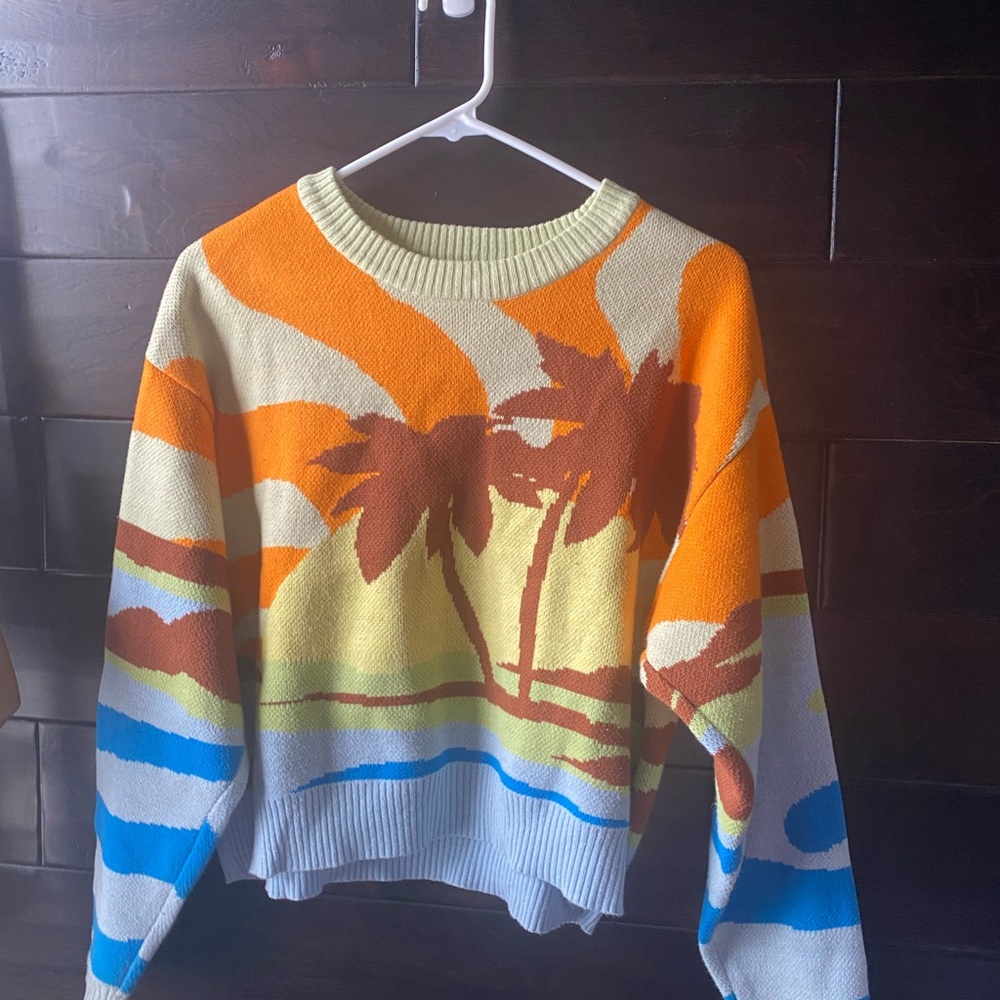 PacSun Orange and Yellow Crew Neck Sweater with Tropical Design